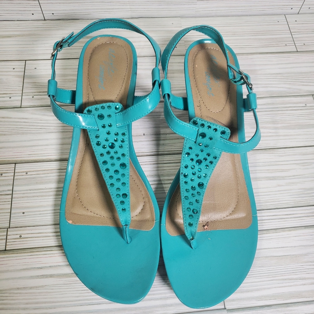 Deflex Comfort Teal Sequin Strappy Womens Sandals Size 10 Summer Bright